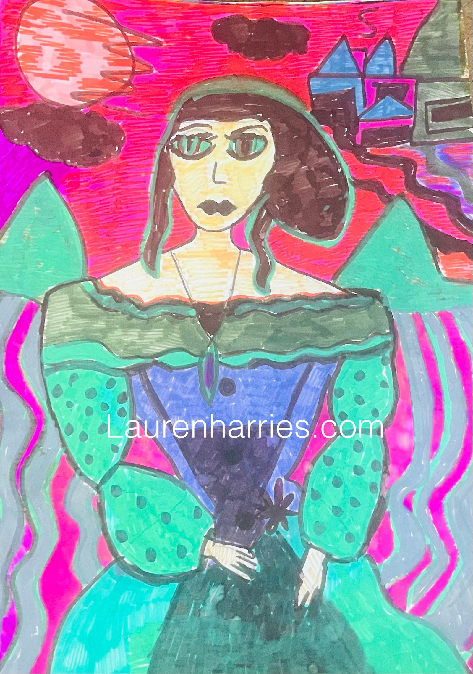 Moonlit Lady of the Emerald Castle Drawing A3